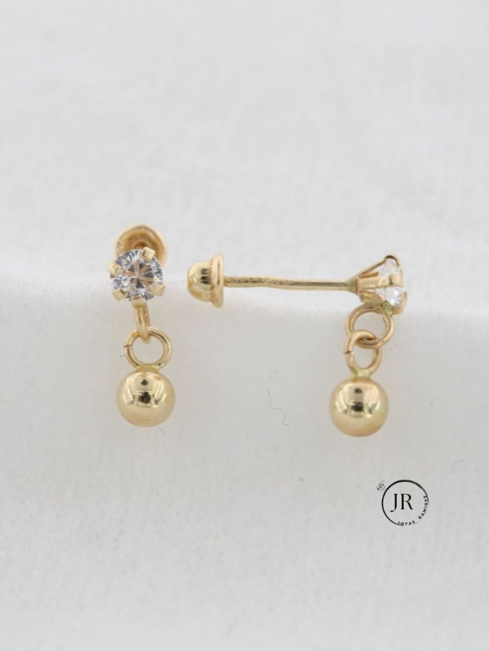 14K Solid Gold Dangle Drop Earrings • Cubic Zirconia Studs with Hanging Ball - Picture 2 of 6